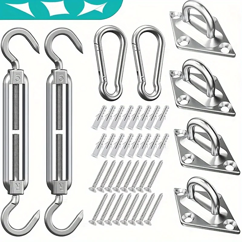 40-teiliges Sonnenschutz-Segel-Hardware-Set aus Edelstahl 304 für die Installation von rechteckigen, quadratischen und dreieckigen Sonnensegeln auf Terrasse, Rasen und Garten, robustes, rostfreies Segel-Schatten-Hardware-Set, 12.7 cm