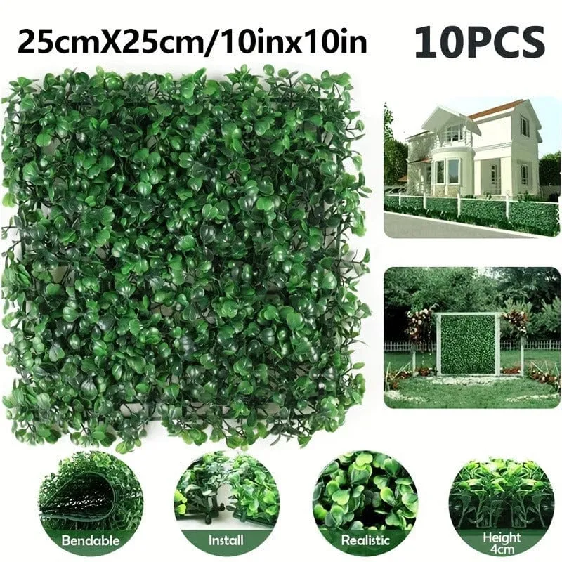 Set mit 10 künstlichen Pflanzenblättern, Wandpaneelen, Heckengras-Pad, Begrünung, Zaundekoration, Gras-Hintergrundwand, Garten, Hof, Zuhause, Wanddekoration, 25 x 25 cm