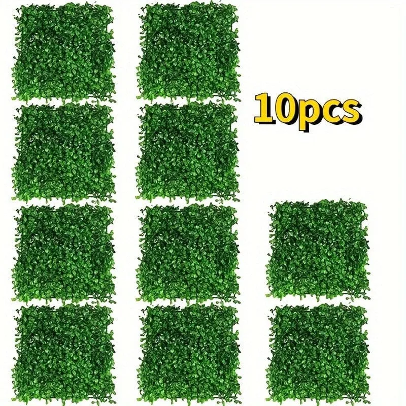 Set mit 10 künstlichen Pflanzenblättern, Wandpaneelen, Heckengras-Pad, Begrünung, Zaundekoration, Gras-Hintergrundwand, Garten, Hof, Zuhause, Wanddekoration, 25 x 25 cm