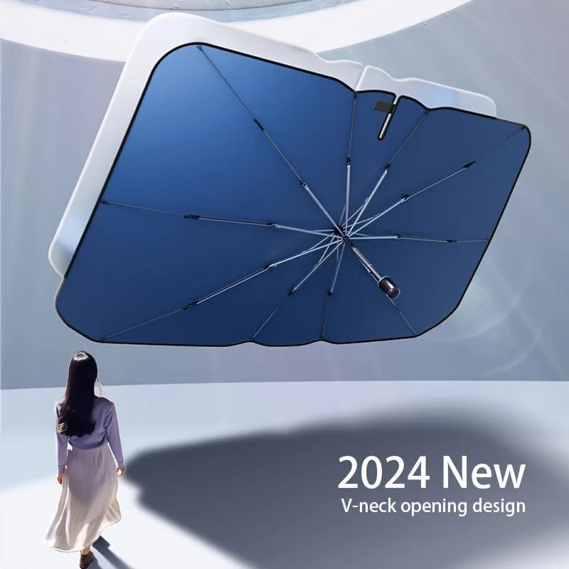 2024 Neuer Auto-Sonnenschutz, V-Ausschnitt, blauer Boden, faltbarer Regenschirm, reflektierender Sonnenschutz für Fahrzeuge, blockiert UV-Sonnenschutz, hält Ihr Fahrzeug kühl, einfach zu bedienen und zu lagern, passt auf eine Vielzahl von Frontscheiben