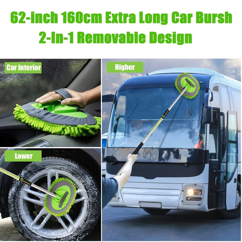 62-Zoll-Autowaschbürsten-Set mit langem Griff, kratzfreier Mopp-Reinigungshandschuh, geeignet zum Waschen von Autos, LKW, SUV, Wohnmobil, Wohnwagen und Haushalt (2 x Moppkopf)