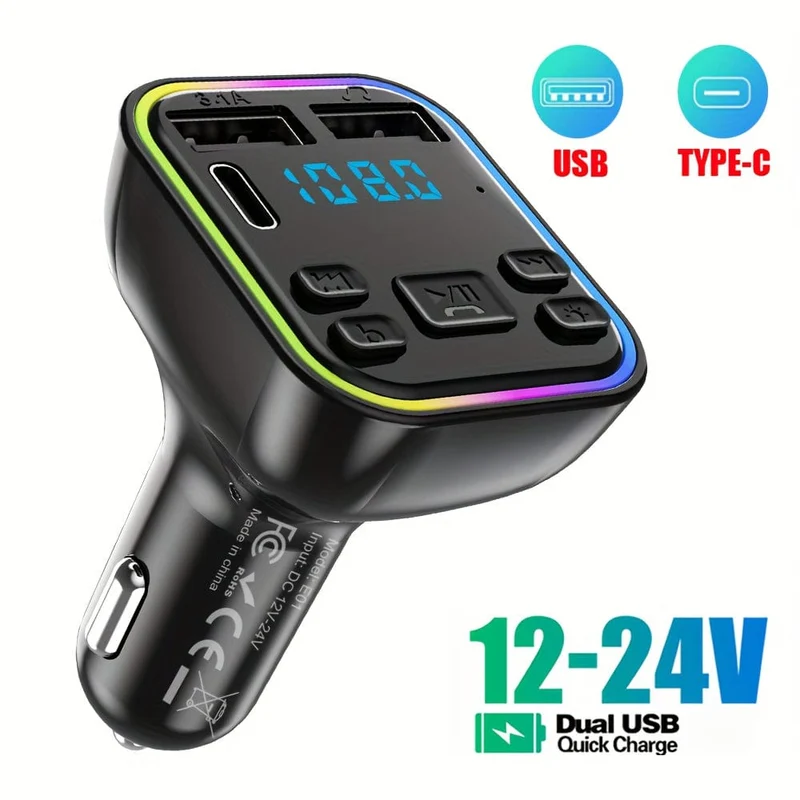 Auto-MP3-Player, kabelloser FM-Transmitter, Typ C, USB-C, Schnellladung, Dual-USB-Autoladegerät, Freisprecheinrichtung, MP3-Player, FM-Modulator