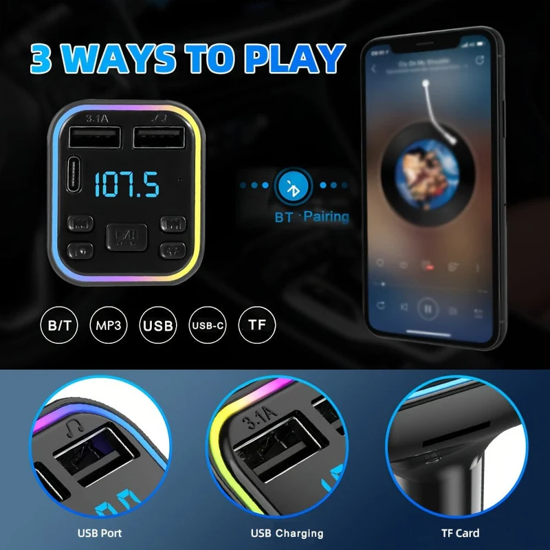 Auto-MP3-Player, kabelloser FM-Transmitter, Typ C, USB-C, Schnellladung, Dual-USB-Autoladegerät, Freisprecheinrichtung, MP3-Player, FM-Modulator