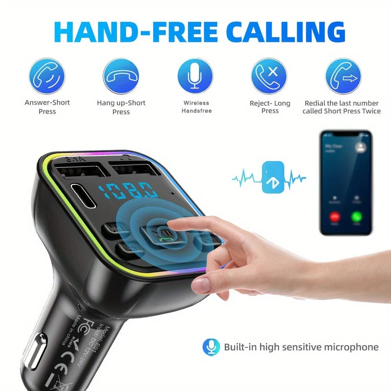 Auto-MP3-Player, kabelloser FM-Transmitter, Typ C, USB-C, Schnellladung, Dual-USB-Autoladegerät, Freisprecheinrichtung, MP3-Player, FM-Modulator
