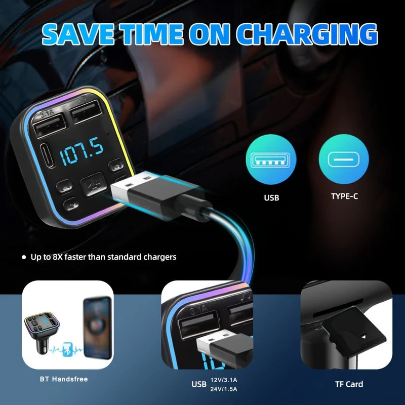 Auto-MP3-Player, kabelloser FM-Transmitter, Typ C, USB-C, Schnellladung, Dual-USB-Autoladegerät, Freisprecheinrichtung, MP3-Player, FM-Modulator