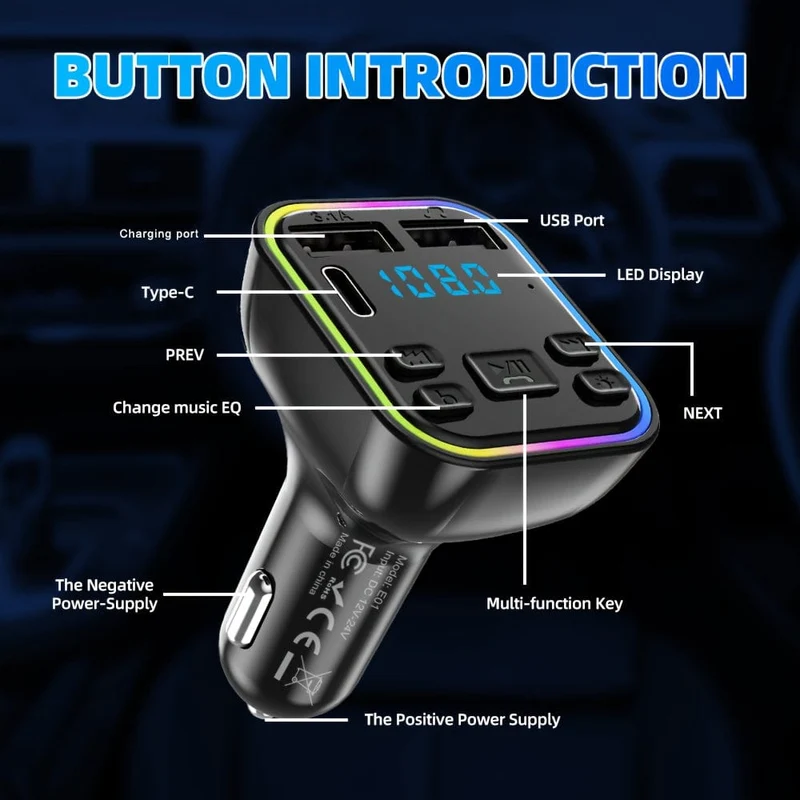 Auto-MP3-Player, kabelloser FM-Transmitter, Typ C, USB-C, Schnellladung, Dual-USB-Autoladegerät, Freisprecheinrichtung, MP3-Player, FM-Modulator