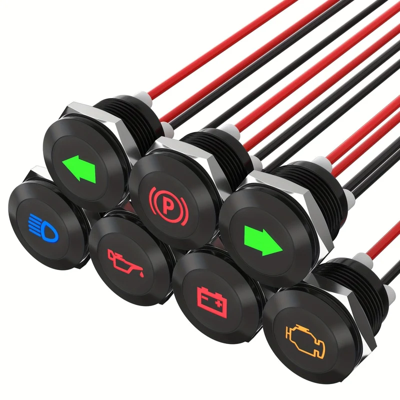 7 Stück 12 mm Anzeigeleuchte, schwarzes Gehäuse, Signalanzeigeleuchte, mehrere Symbole, gelaserte flache Anzeigeleuchte mit Kabelanschlüssen für Auto