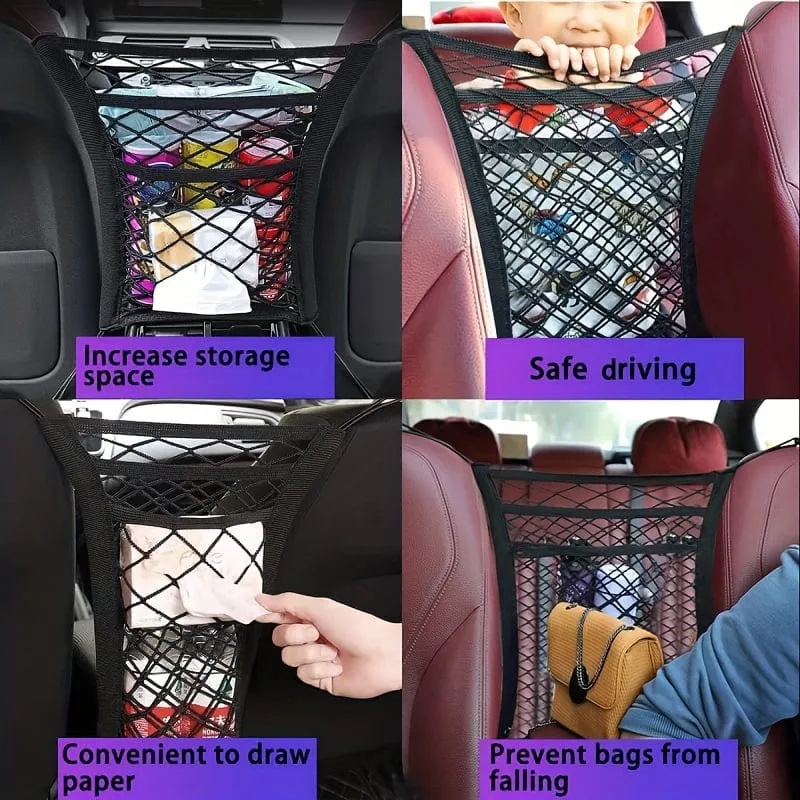 Universelle Auto-Netztasche zwischen den Sitzen, 3-lagiger Auto-Netz-Organizer, elastische Aufräumnetztasche für die Autositzlehne, Auto-Netzbarriere für Hunde auf dem Rücksitz