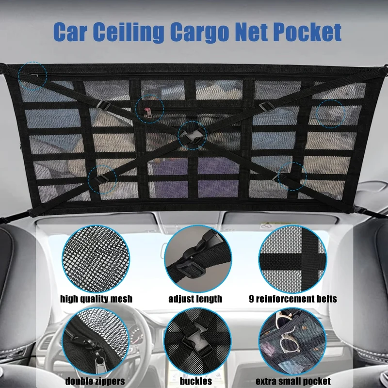 Gepäcknetztasche für die Autodecke, verstellbarer Quergurt zur Verstärkung der Ladung, Aufbewahrungsnetz für die Autodecke, doppellagiger Auto-Organizer aus Netzstoff mit Reißverschluss