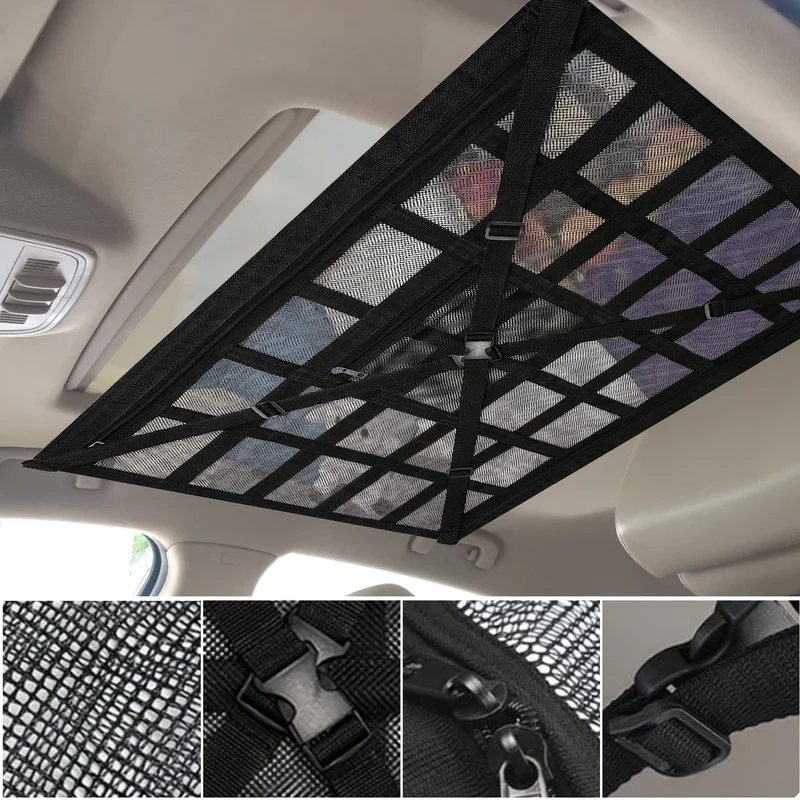 Gepäcknetztasche für die Autodecke, verstellbarer Quergurt zur Verstärkung der Ladung, Aufbewahrungsnetz für die Autodecke, doppellagiger Auto-Organizer aus Netzstoff mit Reißverschluss