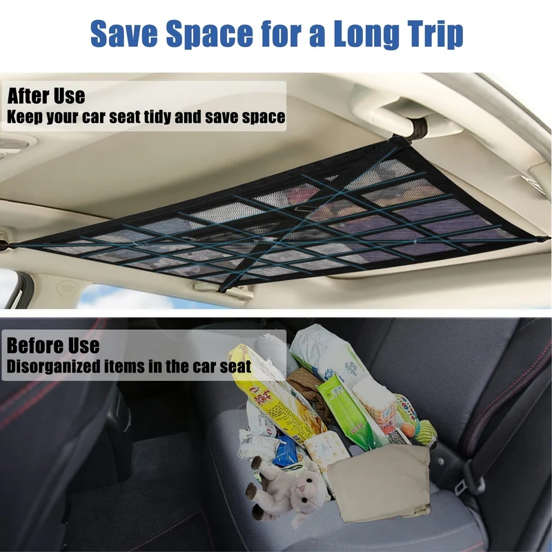 Gepäcknetztasche für die Autodecke, verstellbarer Quergurt zur Verstärkung der Ladung, Aufbewahrungsnetz für die Autodecke, doppellagiger Auto-Organizer aus Netzstoff mit Reißverschluss