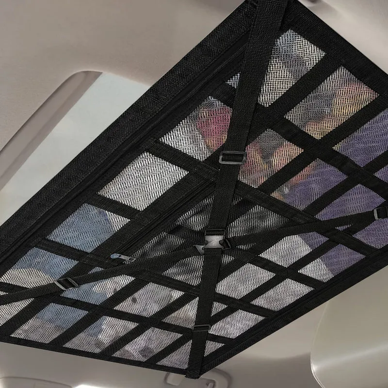 Gepäcknetztasche für die Autodecke, verstellbarer Quergurt zur Verstärkung der Ladung, Aufbewahrungsnetz für die Autodecke, doppellagiger Auto-Organizer aus Netzstoff mit Reißverschluss