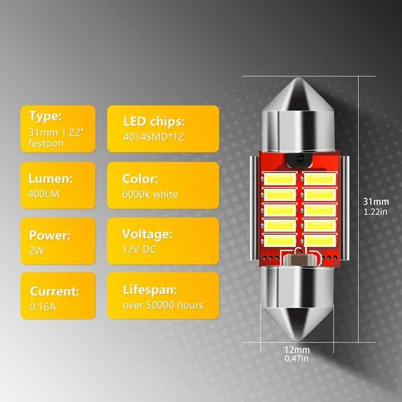 2 superhelle Soffitten-LED-Lampen ohne Fehler, 1.25 "31 mm, Auto-Innenraumkarte, Lichtkuppel, Nummernschild-Türkontrollleuchte, Xenon-Weiß, 12 V