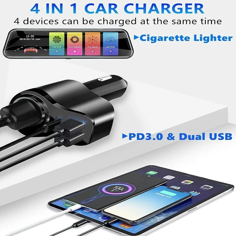 4-in-1-USB-C-Autoladegerät, 36-W-Multi-USB-Zigarettenanzünder-Adapter, Steckdosenverteiler mit 3 USB-Anschlüssen, 12 V/24 V Dual-USB-Typ-C-PD-Schnellladegerät-Adapter