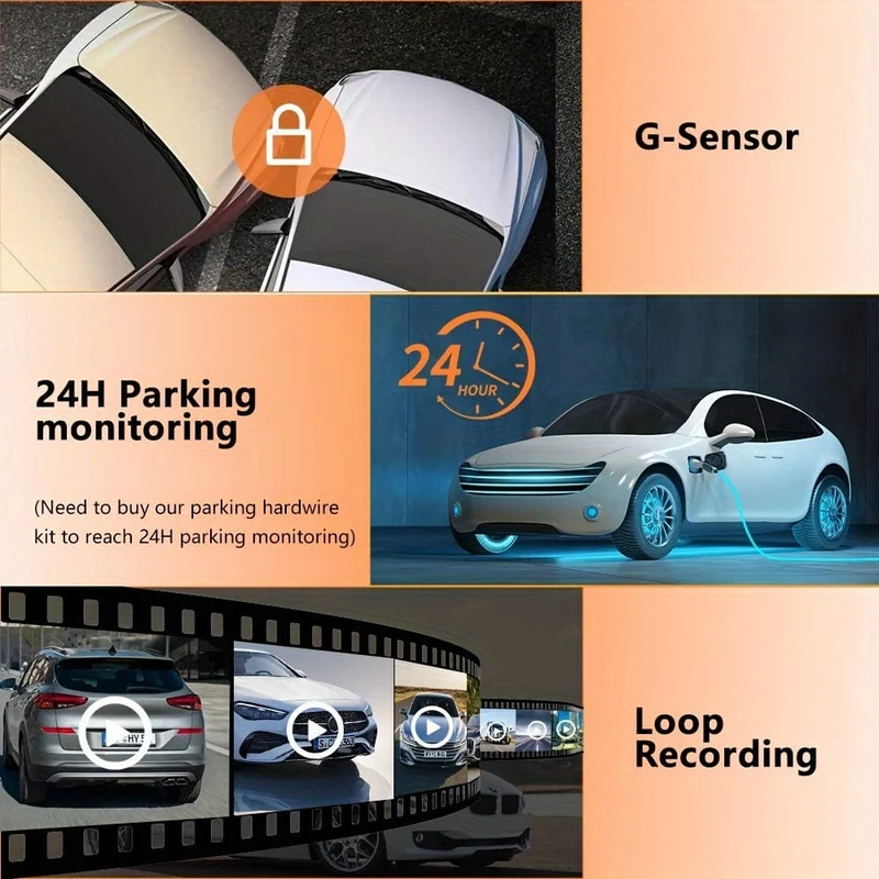 3-Kanal-Dashcam für Autokamera, Videorecorder, Dashcam-DVRs, Black Box, Dual-Objektiv-DVR mit Rückfahrkamera, 24-Stunden-Parkmonitor