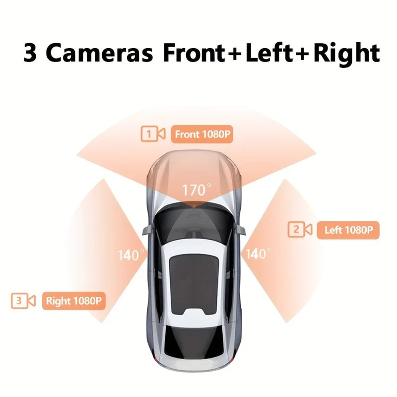 3-Kanal-Dashcam für Autokamera, Videorecorder, Dashcam-DVRs, Black Box, Dual-Objektiv-DVR mit Rückfahrkamera, 24-Stunden-Parkmonitor