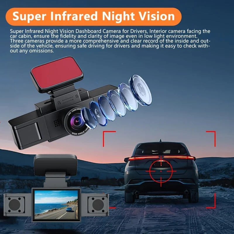 3-Kanal-Dashcam für Autokamera, Videorecorder, Dashcam-DVRs, Black Box, Dual-Objektiv-DVR mit Rückfahrkamera, 24-Stunden-Parkmonitor