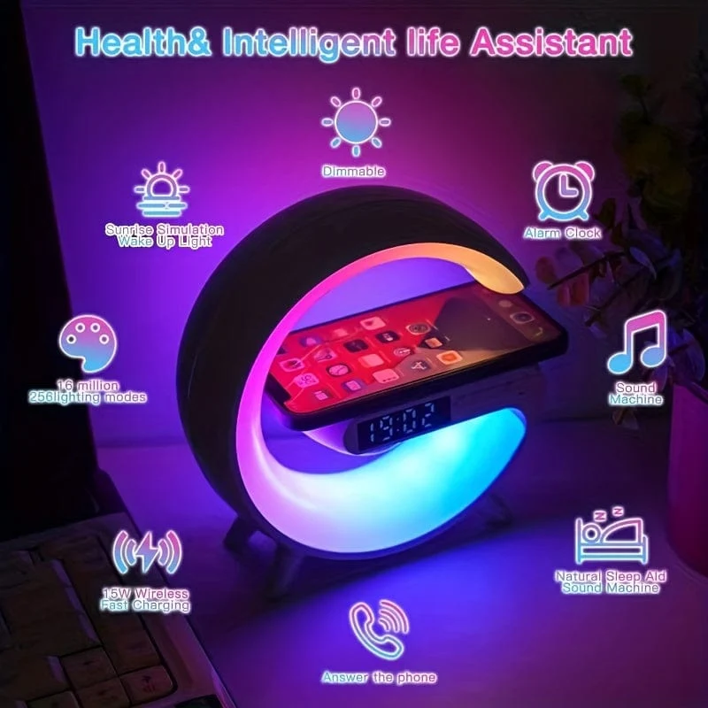 Intelligenter Ladelautsprecher mit integriertem Musikton, Wecker, kabelloses Telefonladegerät, kleines Nachtlicht, Tischdekoration, Nachtlicht für Nachttischatmosphäre, Uhranzeigefunktion, Multifunktionstaste