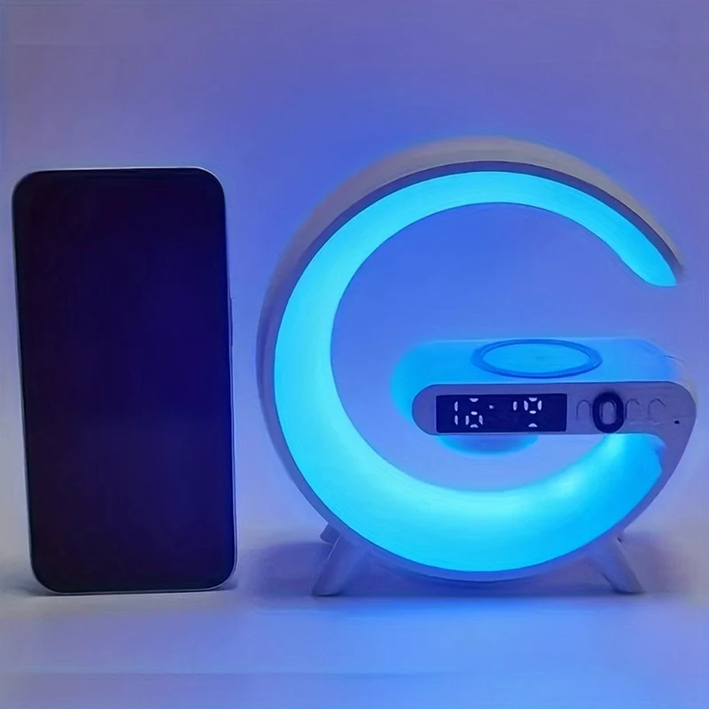 Intelligenter Ladelautsprecher mit integriertem Musikton, Wecker, kabelloses Telefonladegerät, kleines Nachtlicht, Tischdekoration, Nachtlicht für Nachttischatmosphäre, Uhranzeigefunktion, Multifunktionstaste