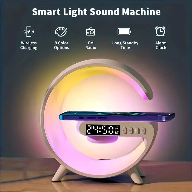 Intelligenter Ladelautsprecher mit integriertem Musikton, Wecker, kabelloses Telefonladegerät, kleines Nachtlicht, Tischdekoration, Nachtlicht für Nachttischatmosphäre, Uhranzeigefunktion, Multifunktionstaste