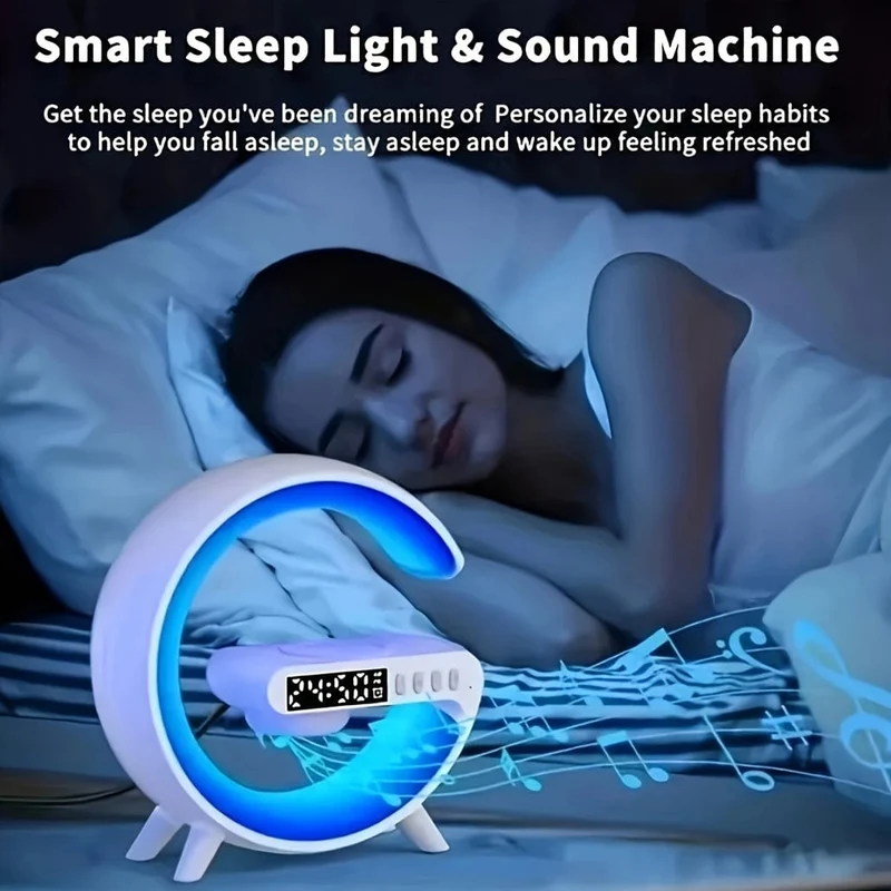 Intelligenter Ladelautsprecher mit integriertem Musikton, Wecker, kabelloses Telefonladegerät, kleines Nachtlicht, Tischdekoration, Nachtlicht für Nachttischatmosphäre, Uhranzeigefunktion, Multifunktionstaste
