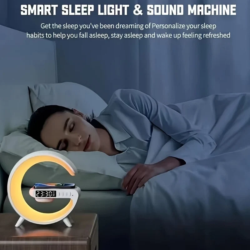 Intelligenter Ladelautsprecher mit integriertem Musikton, Wecker, kabelloses Telefonladegerät, kleines Nachtlicht, Tischdekoration, Nachtlicht für Nachttischatmosphäre, Uhranzeigefunktion, Multifunktionstaste