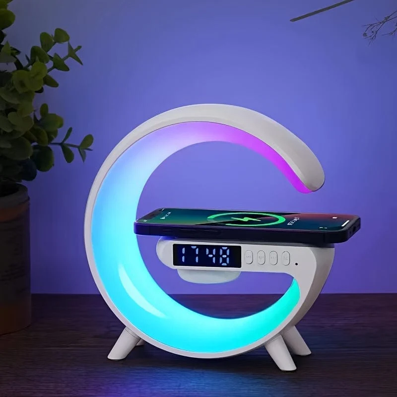 Intelligenter Ladelautsprecher mit integriertem Musikton, Wecker, kabelloses Telefonladegerät, kleines Nachtlicht, Tischdekoration, Nachtlicht für Nachttischatmosphäre, Uhranzeigefunktion, Multifunktionstaste
