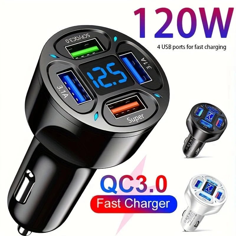 120 W Autoladegerät Schnellladung 4 USB-Digitalanzeige Auto-Schnellladegerät 4-in-1 PD-Handy-Ladekopf 7AQC3.0 Autotelefonadapter Autozubehör