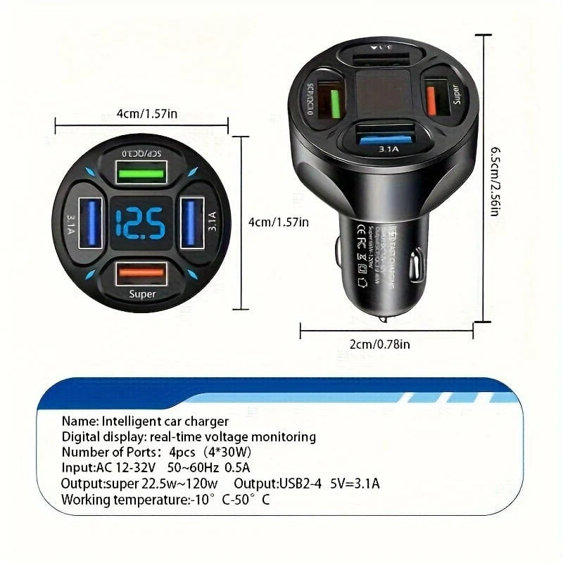 120 W Autoladegerät Schnellladung 4 USB-Digitalanzeige Auto-Schnellladegerät 4-in-1 PD-Handy-Ladekopf 7AQC3.0 Autotelefonadapter Autozubehör