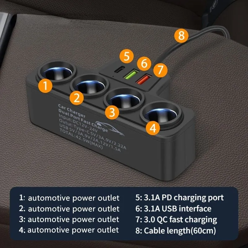 1pc 12V 24V Universal Auto Ladestecker mit ein bis vier QC3.0 + USB + PD Schnellladeschnittstelle