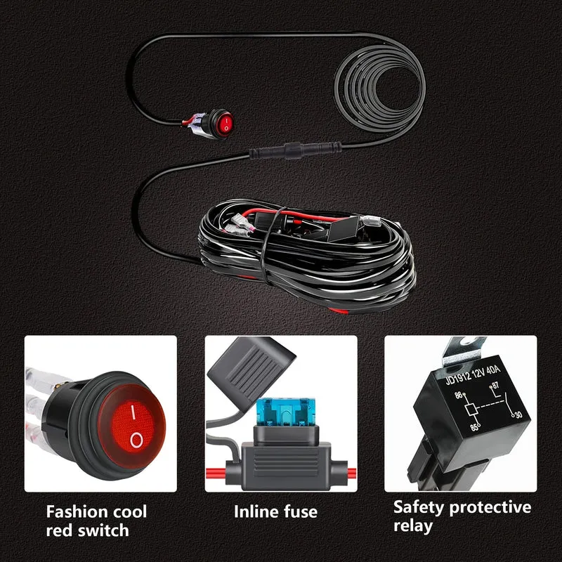 LED-Lichtleisten-Kabelbaum-Set – 2 Leitungen, 12 V, Ein-/Aus-Schalter, Leistungsrelais, Flachsicherung für Offroad-Leuchten, LED-Arbeitsleuchte