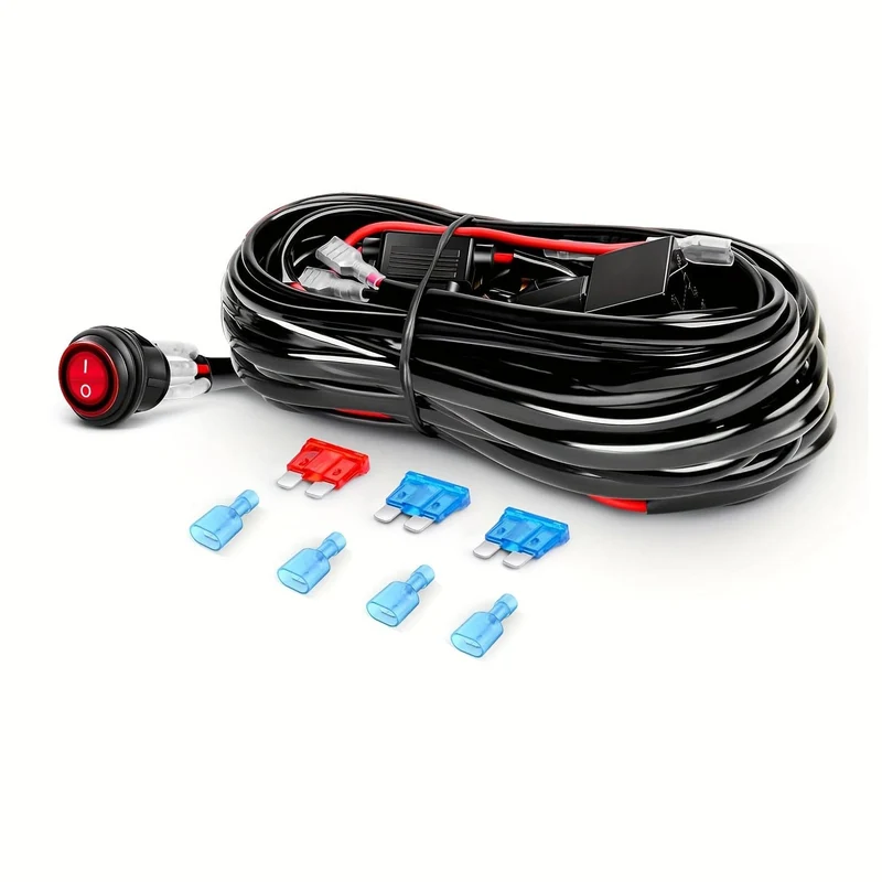 LED-Lichtleisten-Kabelbaum-Set – 2 Leitungen, 12 V, Ein-/Aus-Schalter, Leistungsrelais, Flachsicherung für Offroad-Leuchten, LED-Arbeitsleuchte