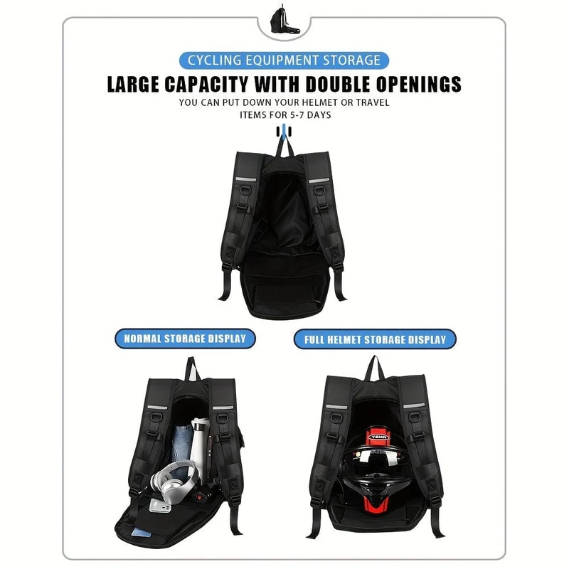 Schwarzer Motorrad-Reitrucksack, wasserdichter Helmaufbewahrungs-Reiserucksack, reflektierende Sicherheits-Schultertasche, große Kapazität für Männer