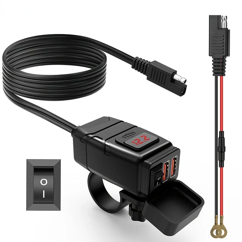 Wasserdichtes USB-Ladegerät für Motorräder – Zwei USB-Anschlüsse für 12-V-24-V-Motorräder – Am Lenker montierte Stromversorgungsbuchse – Unverzichtbares Motorradzubehör