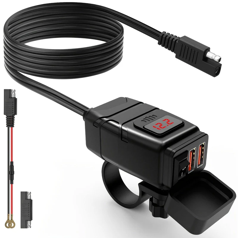 Wasserdichtes USB-Ladegerät für Motorräder – Zwei USB-Anschlüsse für 12-V-24-V-Motorräder – Am Lenker montierte Stromversorgungsbuchse – Unverzichtbares Motorradzubehör