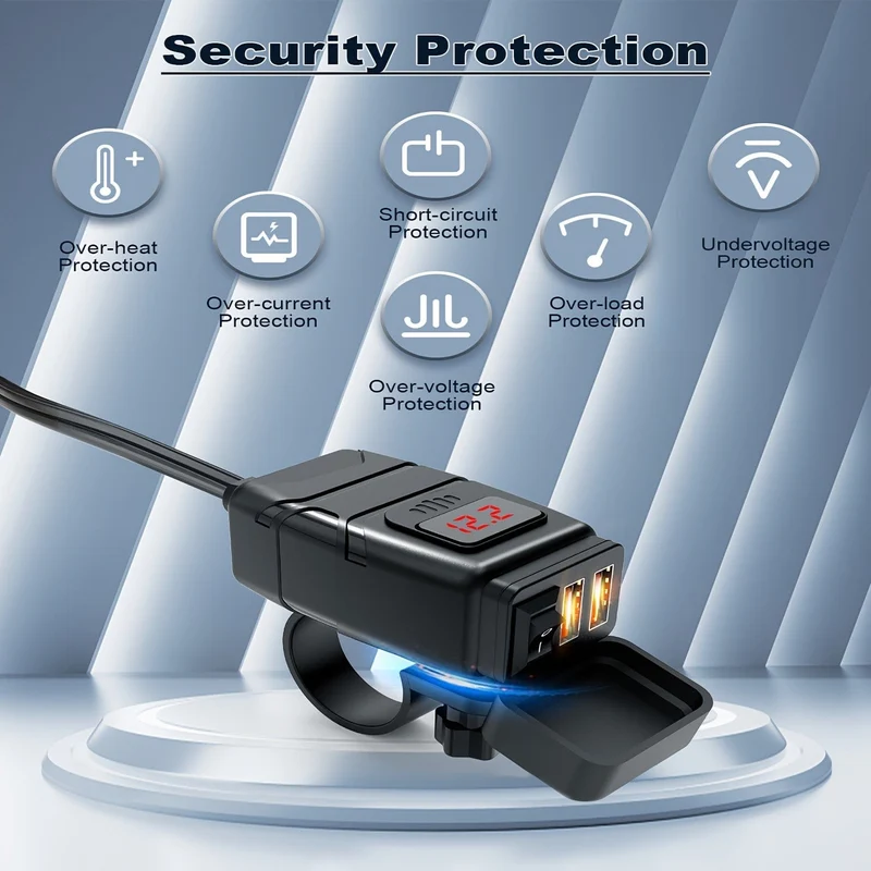 Wasserdichtes USB-Ladegerät für Motorräder – Zwei USB-Anschlüsse für 12-V-24-V-Motorräder – Am Lenker montierte Stromversorgungsbuchse – Unverzichtbares Motorradzubehör