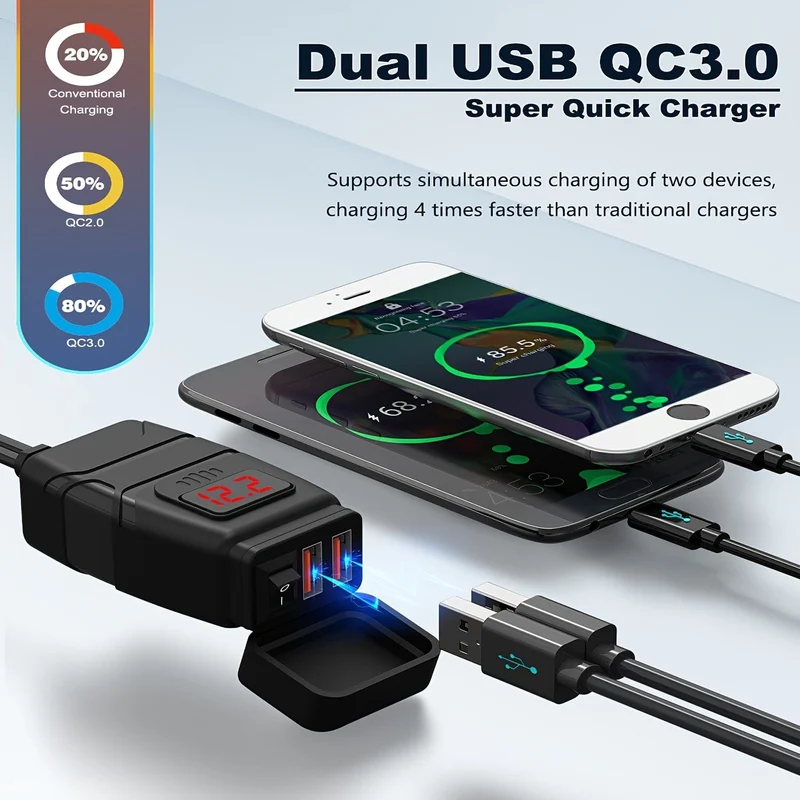 Wasserdichtes USB-Ladegerät für Motorräder – Zwei USB-Anschlüsse für 12-V-24-V-Motorräder – Am Lenker montierte Stromversorgungsbuchse – Unverzichtbares Motorradzubehör