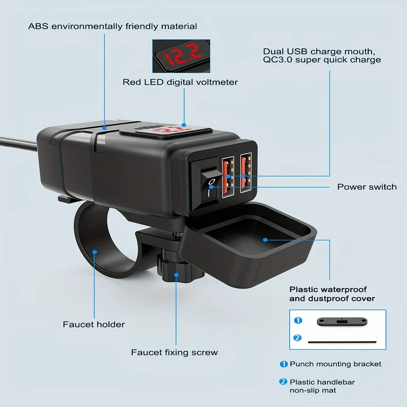 Wasserdichtes USB-Ladegerät für Motorräder – Zwei USB-Anschlüsse für 12-V-24-V-Motorräder – Am Lenker montierte Stromversorgungsbuchse – Unverzichtbares Motorradzubehör
