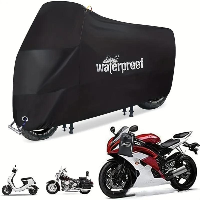 Motorradabdeckungen, strapazierfähige, wasserdichte, UV-schützende, reißfeste Motorradabdeckung aus 210D mit Sicherheitstuch-Design mit Schlosslöchern