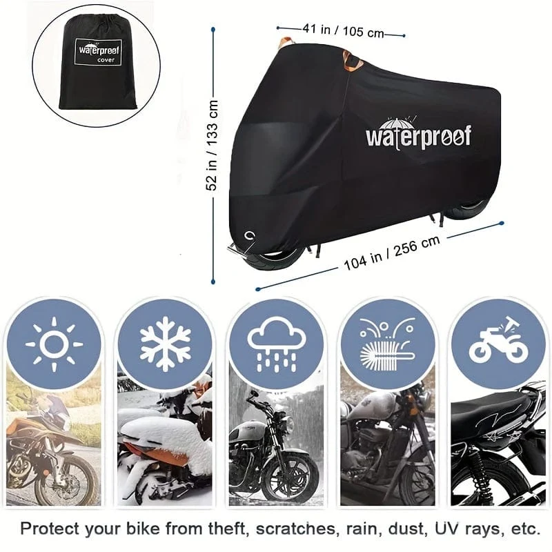 Motorradabdeckungen, strapazierfähige, wasserdichte, UV-schützende, reißfeste Motorradabdeckung aus 210D mit Sicherheitstuch-Design mit Schlosslöchern
