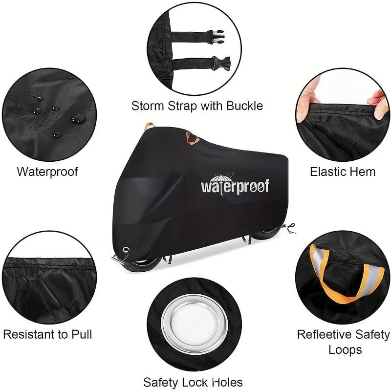 Motorradabdeckungen, strapazierfähige, wasserdichte, UV-schützende, reißfeste Motorradabdeckung aus 210D mit Sicherheitstuch-Design mit Schlosslöchern