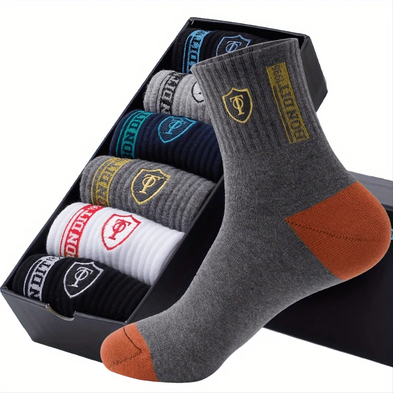 6 Paar schweißabsorbierende Sportsocken aus Baumwolle für Herren mit aufgesticktem Wappen, Söckchen (ohne Karton)