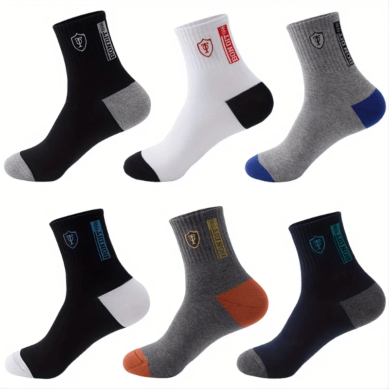 6 Paar schweißabsorbierende Sportsocken aus Baumwolle für Herren mit aufgesticktem Wappen, Söckchen (ohne Karton)