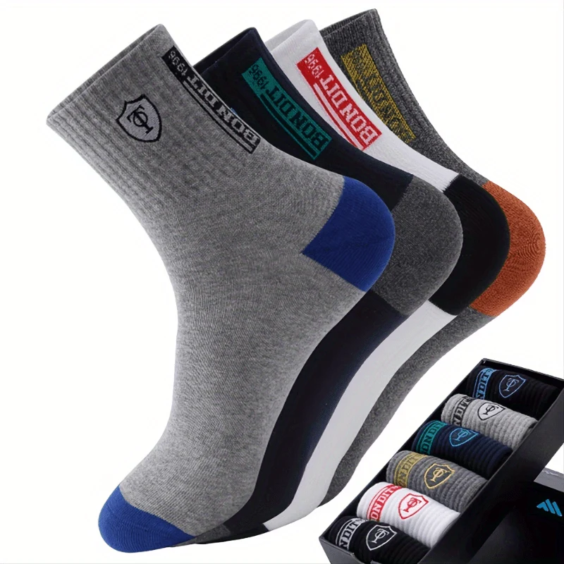 6 Paar schweißabsorbierende Sportsocken aus Baumwolle für Herren mit aufgesticktem Wappen, Söckchen (ohne Karton)