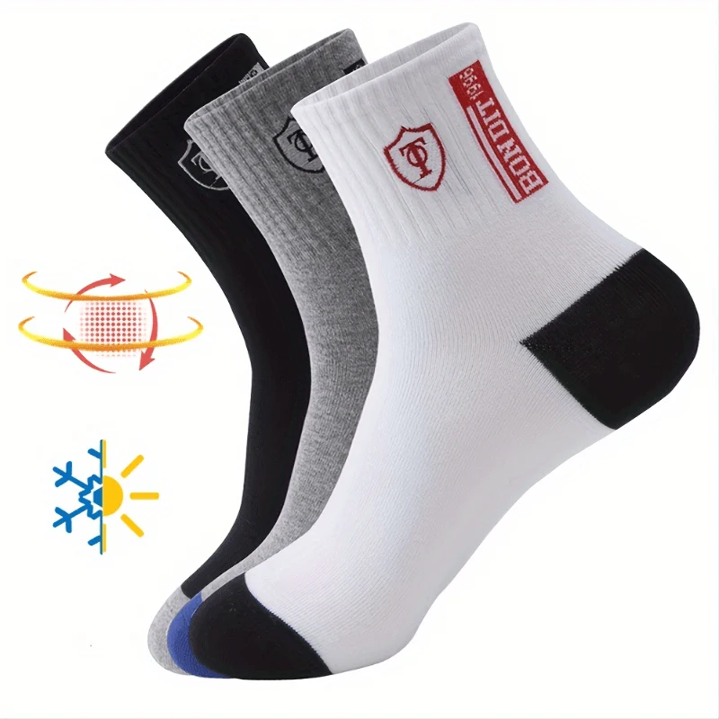 6 Paar schweißabsorbierende Sportsocken aus Baumwolle für Herren mit aufgesticktem Wappen, Söckchen (ohne Karton)