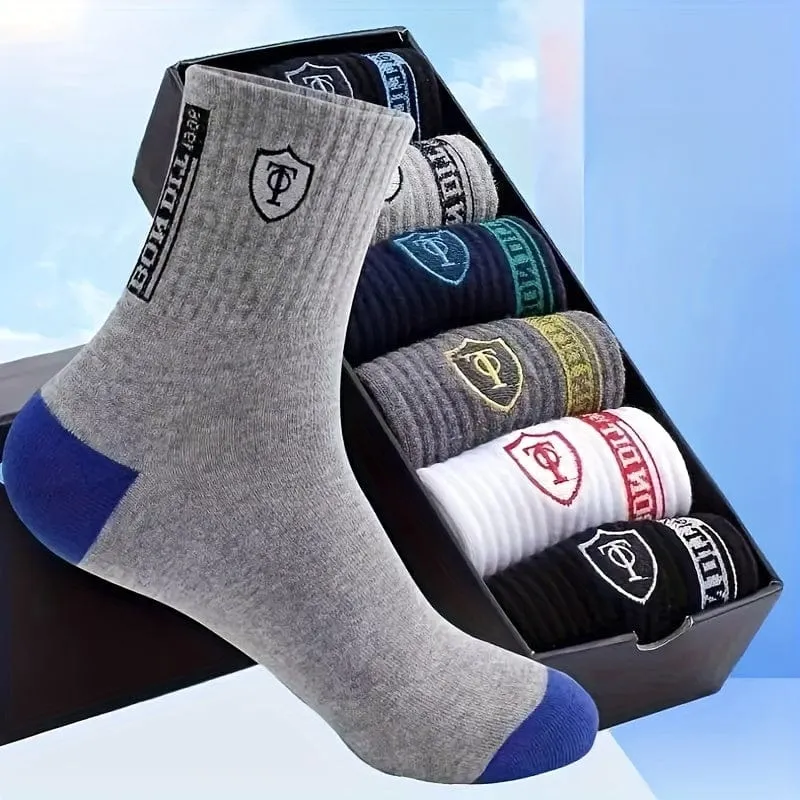 6 Paar schweißabsorbierende Sportsocken aus Baumwolle für Herren mit aufgesticktem Wappen, Söckchen (ohne Karton)