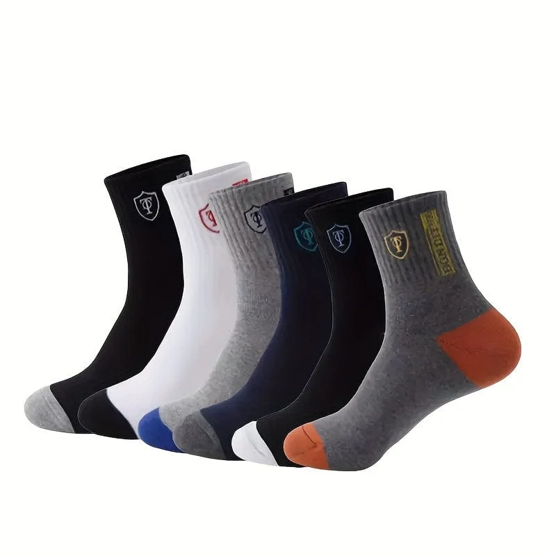 6 Paar schweißabsorbierende Sportsocken aus Baumwolle für Herren mit aufgesticktem Wappen, Söckchen (ohne Karton)