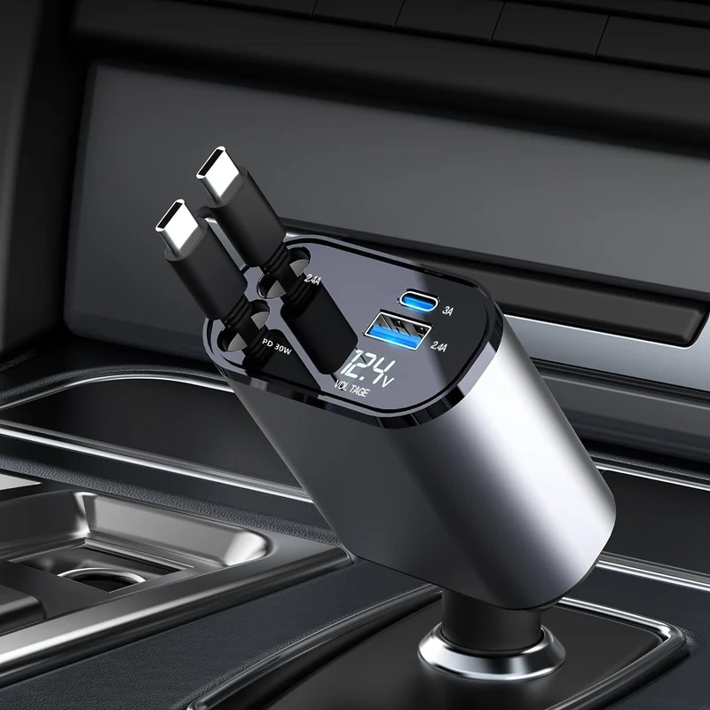 Autoladegerät 4 in 1 mit zwei einziehbaren Kabeln, zwei Anschlüssen, USB C PD, Schnelllade-Autostecker-Adapter mit Spannungsanzeige