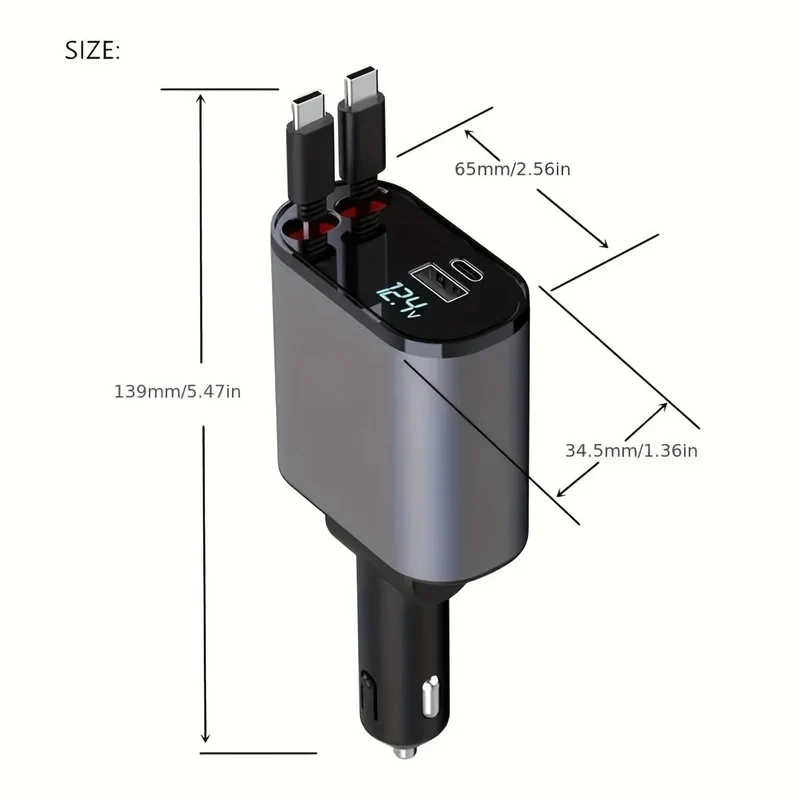 Autoladegerät 4 in 1 mit zwei einziehbaren Kabeln, zwei Anschlüssen, USB C PD, Schnelllade-Autostecker-Adapter mit Spannungsanzeige