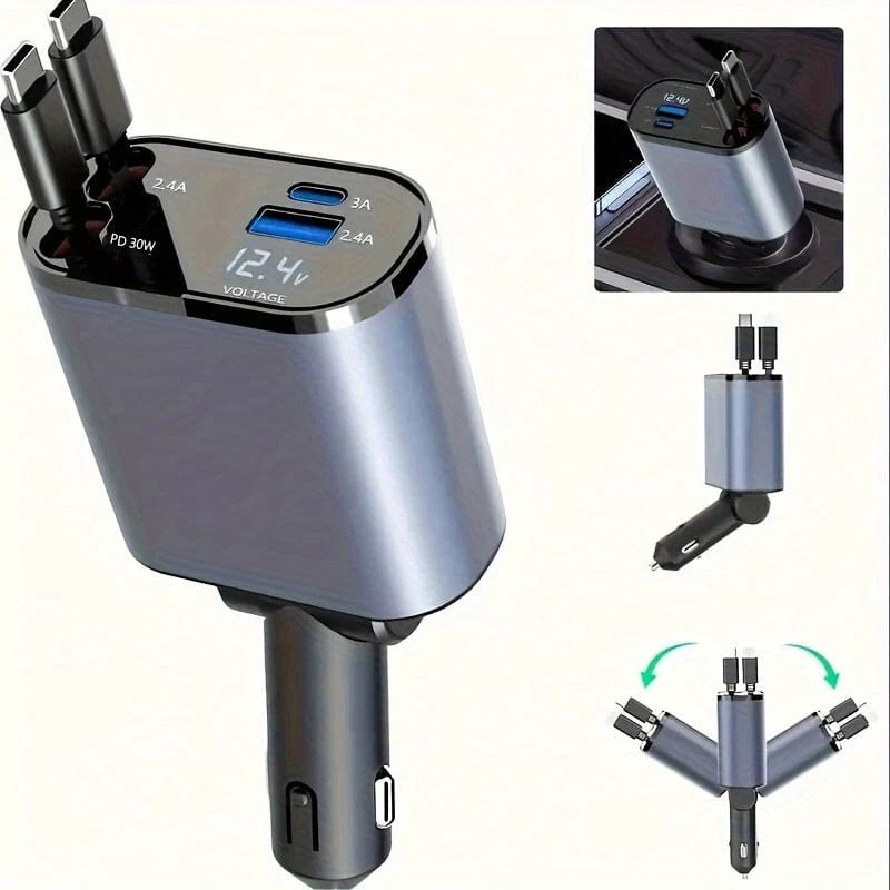 Autoladegerät 4 in 1 mit zwei einziehbaren Kabeln, zwei Anschlüssen, USB C PD, Schnelllade-Autostecker-Adapter mit Spannungsanzeige